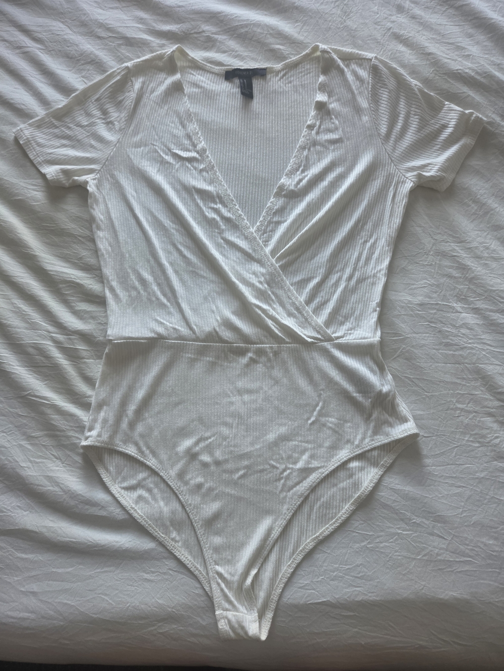 Forever 21 White Ribbed Wrap-Front Bodysuit